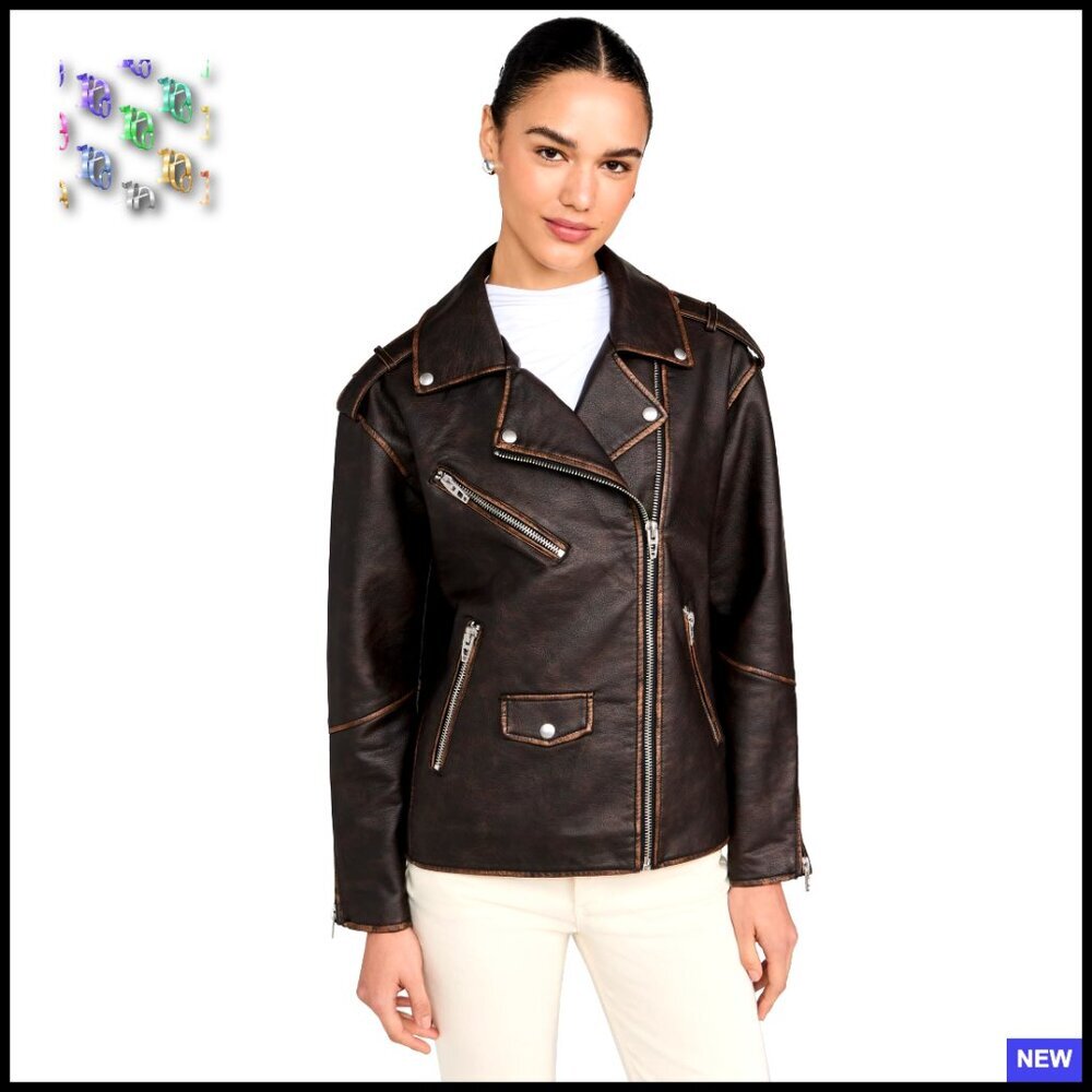 Vegan Leather Moto Jacket Slim Fit Aviator Style Zip Cuffs Casual Outerwear